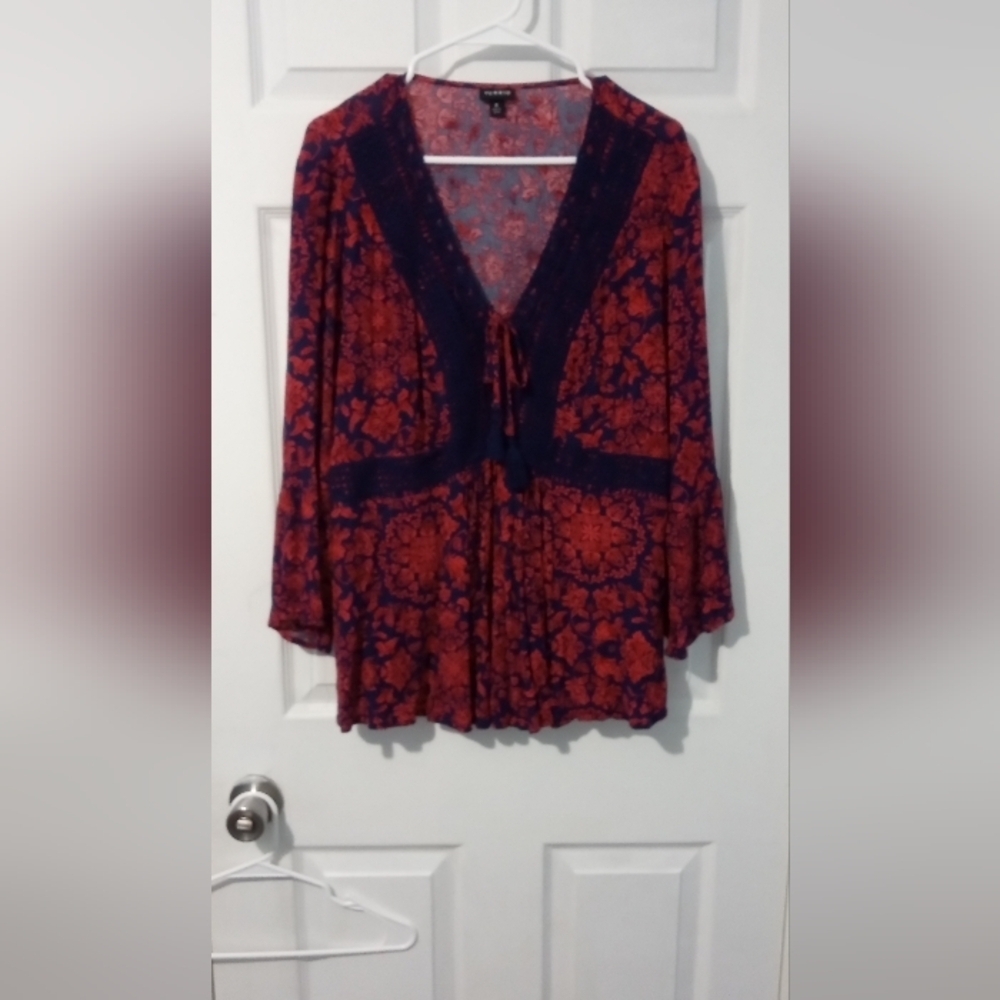 Torrid Red and Blue A-Line Pleated Blouse